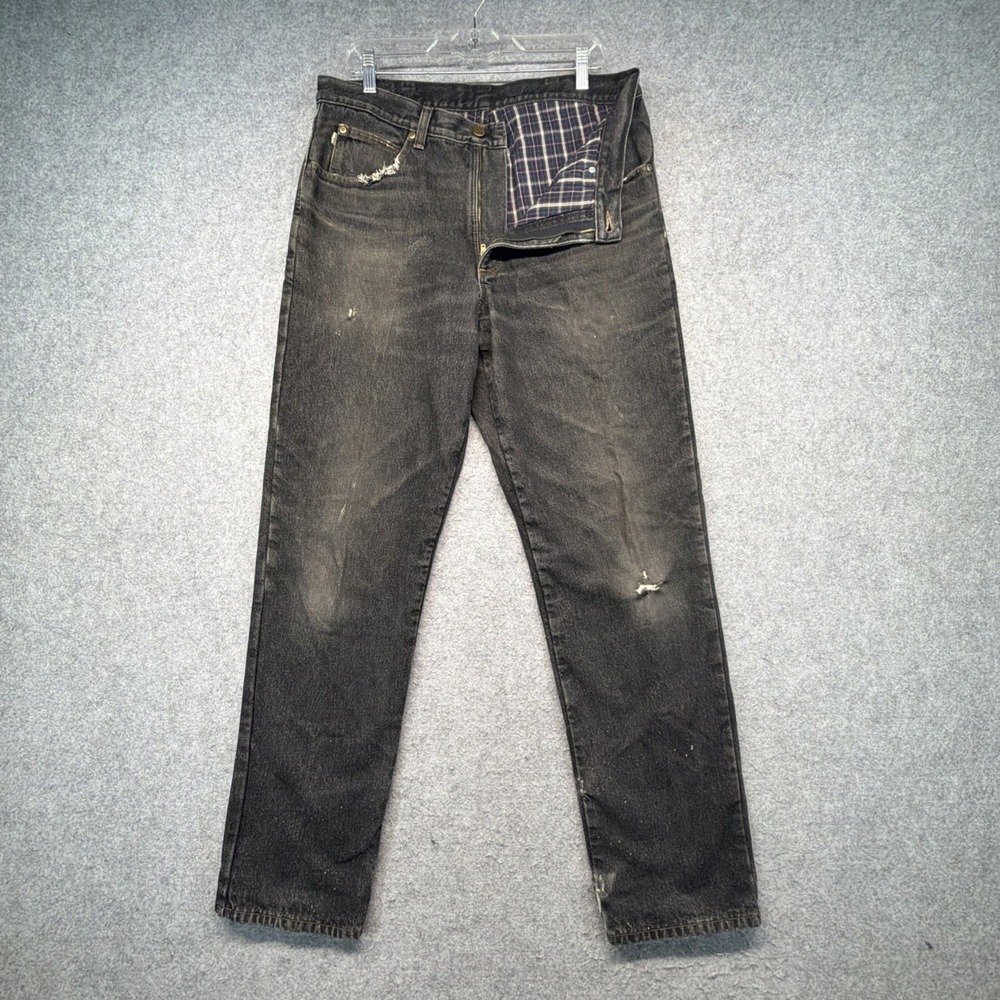 Vintage LL Bean Flannel Lined Black Jeans Mens 35x34 Faded Distressed Splatter